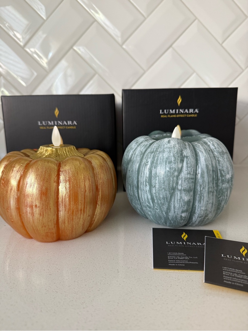 Luminara Pumpkin Flameless Candle Set of 2 Green & Autumn Maple NIB